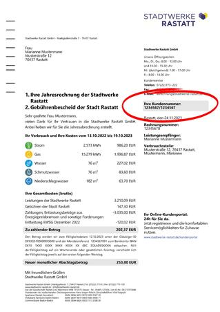 Musterrechnung der Stadtwerke Rastatt